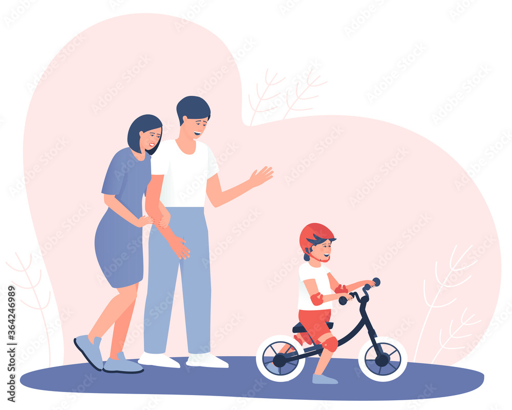 Happy parents watch how a child learns to ride a balance bike. The child is riding a runbike in a helmet and protection. Mom and dad are happy about the achievements of the child. Flat vector.