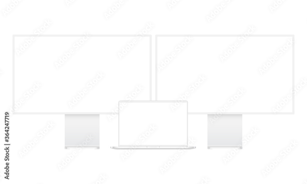 Modern clay computer monitors and laptop mockup isolated on white ...