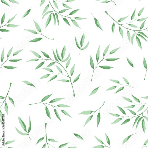 Fototapeta Naklejka Na Ścianę i Meble -  Seamless pattern with leaves. Vector illustration in watercolor painting style. Background for packaging, textiles, printing products with a delicate watercolor drawing of green leaves.
