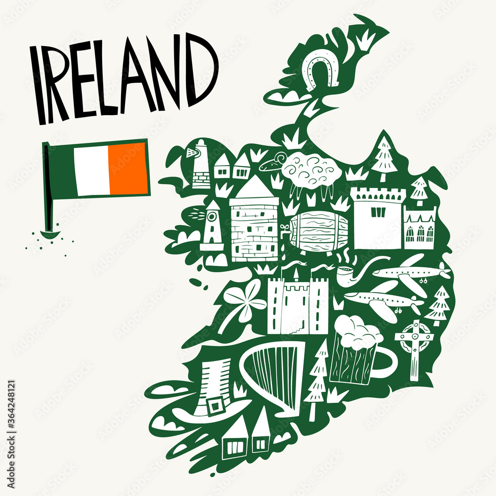 Obraz premium Vector hand drawn stylized map of Ireland. Travel illustration of Republic of Ireland landmarks. Hand drawn lettering illustration. Europe map element