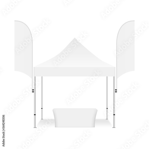 Outdoor commercial trade show canopy tent with two promo flags and demonstration table, isolated on white background, front view. Vector illustration