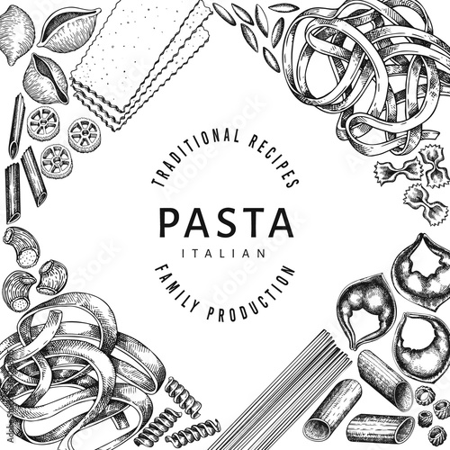 talian pasta design template. Hand drawn vector food illustration. Engraved style. Retro pasta different kinds background.