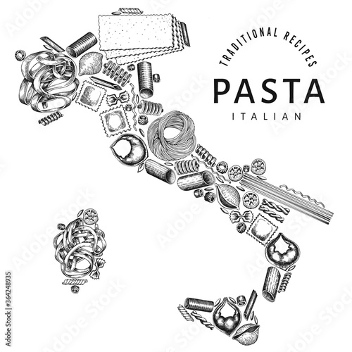 Pasta in the shape of Italy. Hand drawn vector food illustration. Engraved style design template. Retro pasta different kinds background.