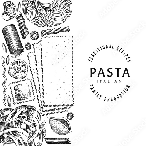 talian pasta design template. Hand drawn vector food illustration. Engraved style. Retro pasta different kinds background.