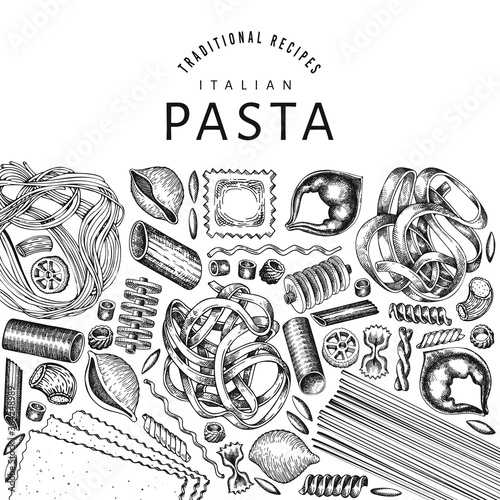 talian pasta design template. Hand drawn vector food illustration. Engraved style. Retro pasta different kinds background.