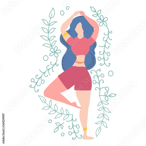 Woman in a tree pose Vrikshasana . Yoga, concept of meditation, health benefits for the body, control of the mind and emotions.
