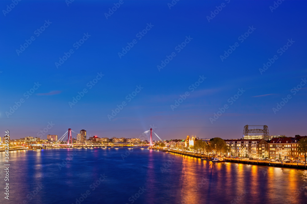 River View Skyline of Rotterdam City at Night In Holland, Netherlands