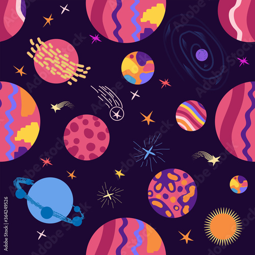 seamless pattern of planets, rockets and stars. Cartoon planet