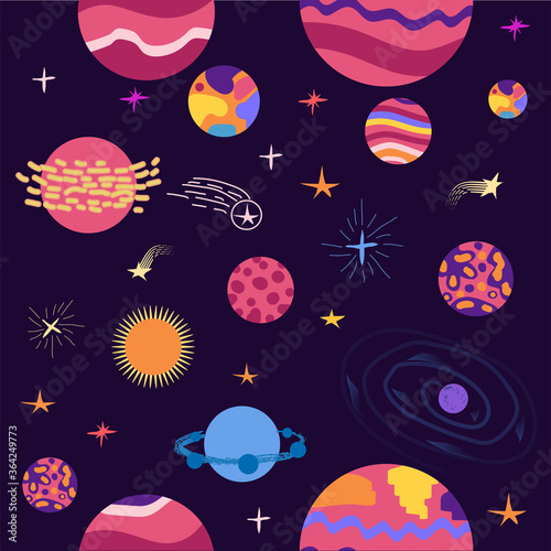 seamless pattern of planets, rockets and stars. Cartoon planet