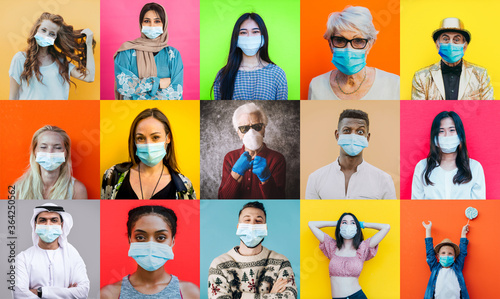 Coronavirus faces collage. Composition with different multi ethnic people wearing medical mask