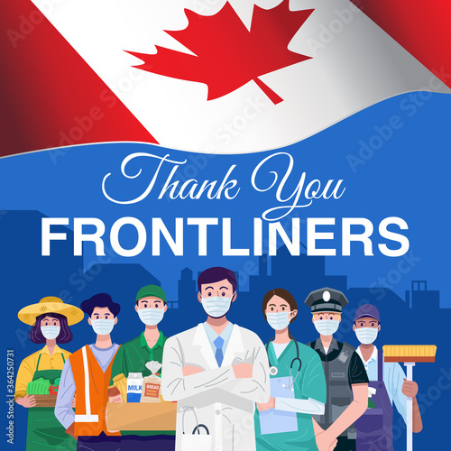 Thank you frontliners. Various occupations people standing with flag of Malaysia. Vector