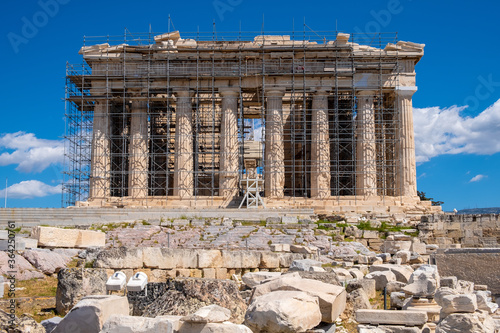 Panoramic view of Parthenon - temple of goddess Athena - within ancient Athenian Acropolis complex atop Acropolis hill in Athens, Greece photo