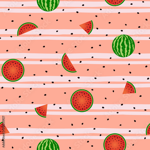Seamless pattern with watermelons. Appetizing berries, slices, and also seeds. Endless striped background for National Watermelon Day.