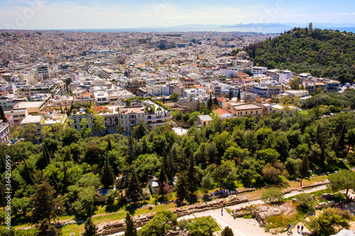 Panoramic view of metropolitan Athens with Philopappos Monument and Philopappou Hill - Mouseion Hill - seen from Acropolis hill in Athens  Greece