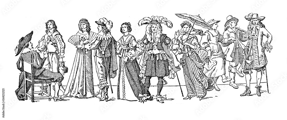Fototapeta premium Fashion history Collection from 1637 to 1678 / a big evolution in fashion/ Vintage and Antique illustration from Petit Larousse 1914 