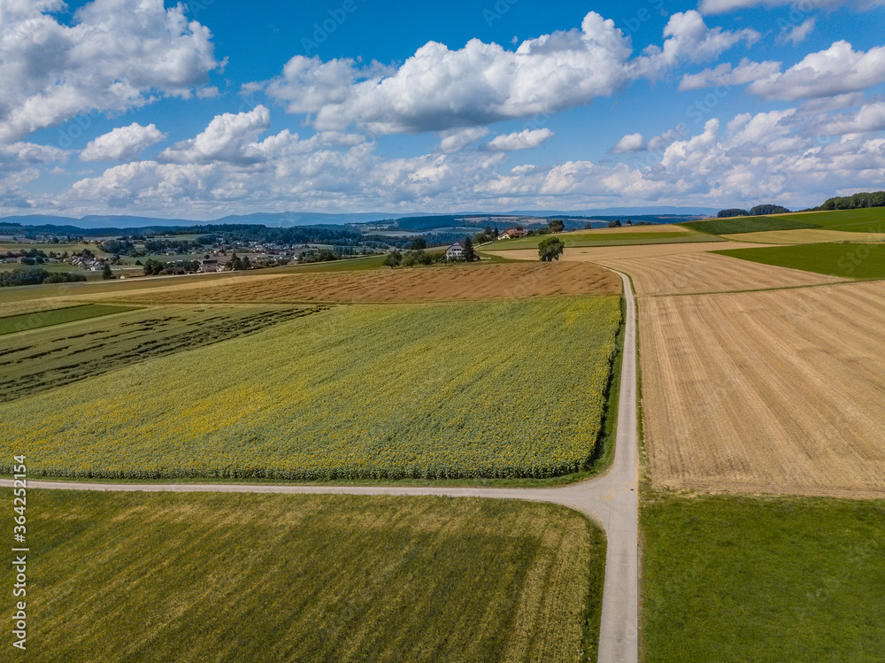 vue depuis un drone dans un temps ensoleillé sur les cultures de la campagne vaudoise en suisse-romande avec une ferme au loin
