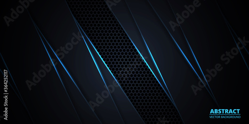 Abstract dark background with blue luminous lines and highlights on hexagonal carbon fiber. Modern, technology, futuristic, sport, luxury abstract background. Dark texture grid backdrop.