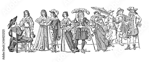 Fashion history Collection from 1637 to 1678 / a big evolution in fashion/ Vintage and Antique illustration from Petit Larousse 1914 