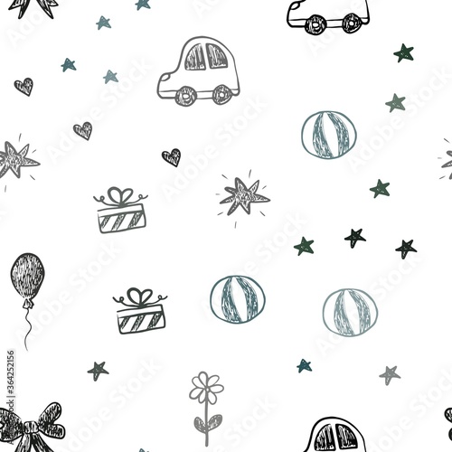 Dark Green vector seamless background with xmas attributes. Shining illustration with a toy car  heart  baloon  tulip  candy  ball. Design for holiday adverts.