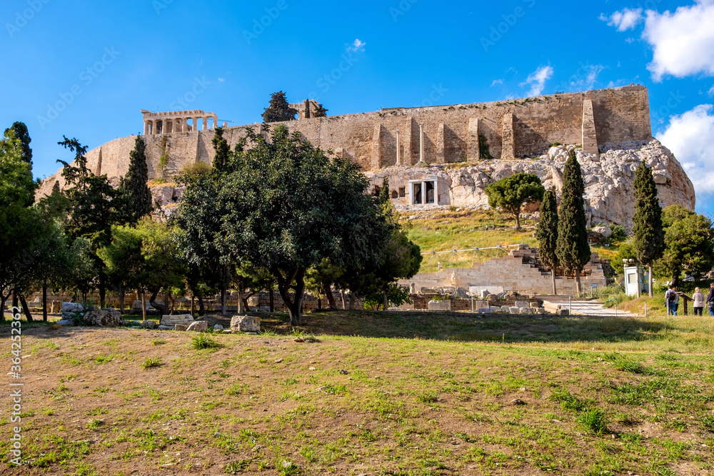 Panoramic view of Acropolis hill walls with Parthenon Athena temple seen from Theatre of Dionysos Eleuthereus ancient Greek theater in Athens, Greece