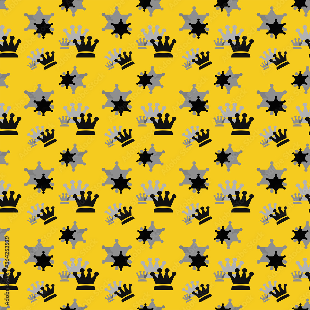 Black and gray crowns on a yyellow background.Simple seamless pattern for fashion prints, textiles, wallpaper, patterns, covers, surfaces, gift wrapping, scrapbooking.