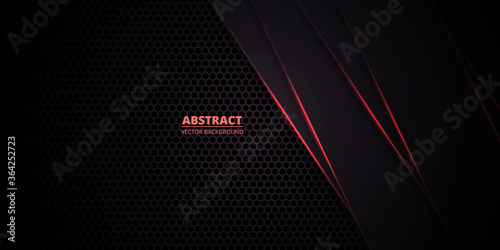 Dark hexagonal carbon fiber background with red luminous lines and highlights. Technology, futuristic, modern, luxury, sport abstract background. Dark red honeycomb texture grid.