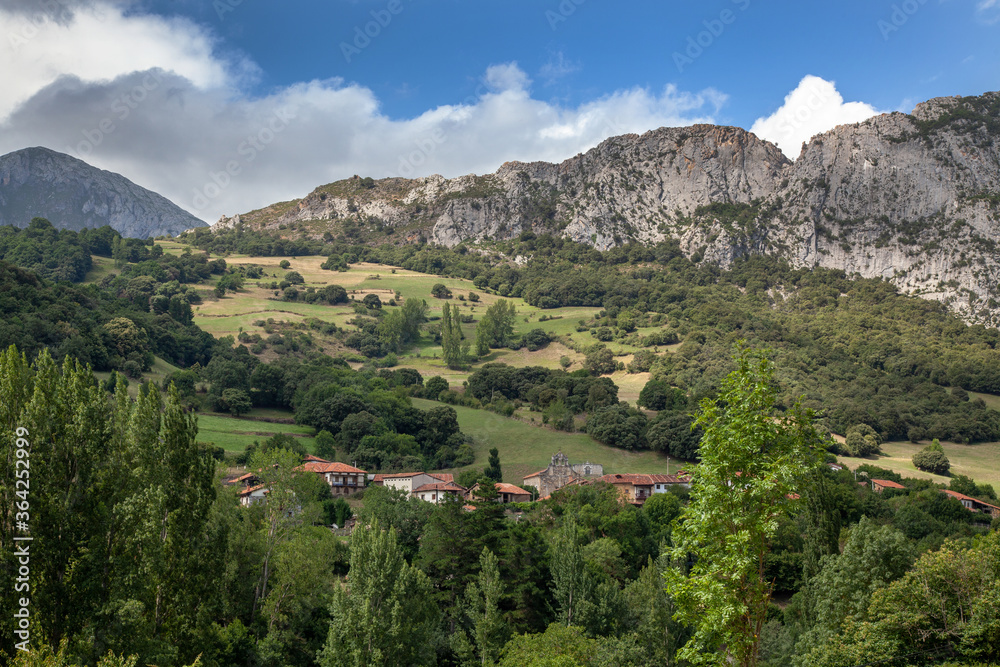 Small village in the mountains of the Pyrenees on the background of the cliff.