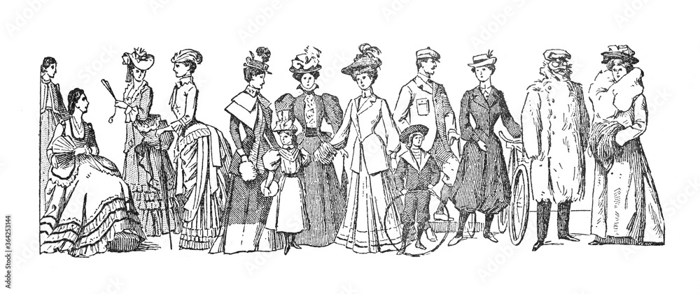 Fashion history Collection from 1870 to 1905 / a big evolution in fashion/ Vintage and Antique illustration from Petit Larousse 1914 Fashion history Collection from 1870 to 1905 / a big evolution in fashion/ Vintage and Antique illustration from Petit Larousse 1914