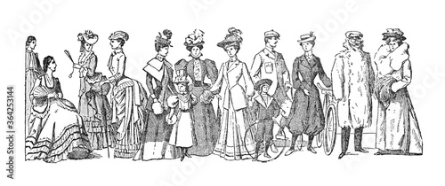 Fashion history Collection from 1870 to 1905 / a big evolution in fashion/ Vintage and Antique illustration from Petit Larousse 1914 