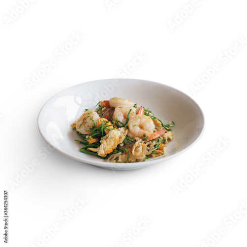 Vermicelli Pad Thai or Thai stir fried vermicelli with shrimps and Climbing Wattle