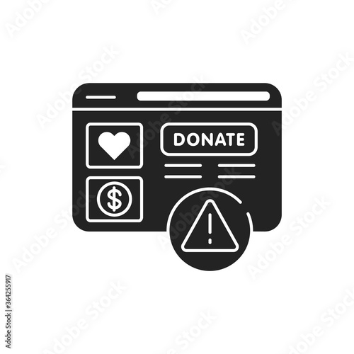 Charity scam black glyph icon. Cybercrime. Fake donation. Pictogram for web page, mobile app, promo. UI UX GUI design element.