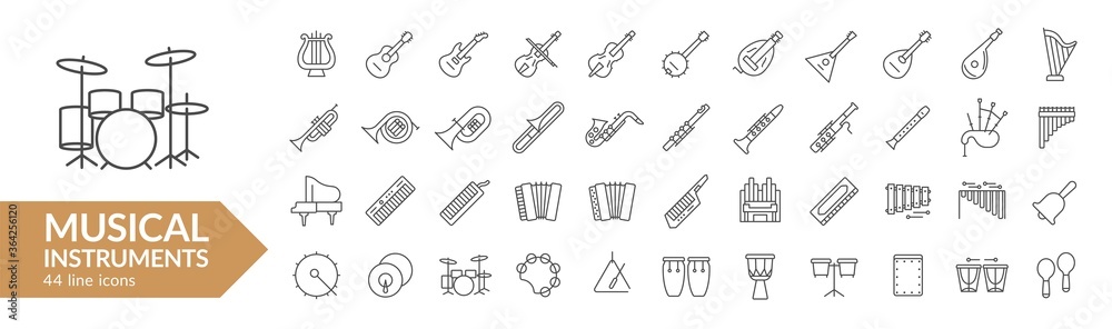 Musical instrument line icon set. Strings, winds, keyboards, percussion. Vector illustration. Collection Musical instrument line icon set. Strings, winds, keyboards, percussion. Vector illustration. Collection