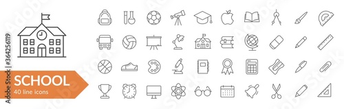School items line icon set. Education subjects, Stationery items & school symbols. Vector illustration. Collection