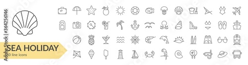 Sea holiday line icon set. Travel & tourism. Isolated signs on white background. Vector illustration. Collection