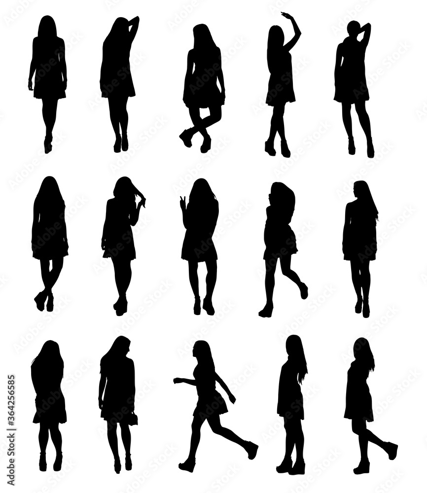 Silhouettes set of young fashion model woman in airy fluttering dress full body. Easy editable layered vector illustration. 