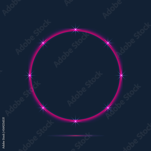 Pink neon round frame with stars. Vector illustration. 