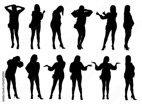 Silhouettes set of glamorous well-dressed middle aged solid woman in high heels in different poses. Easy editable layered vector illustration. 