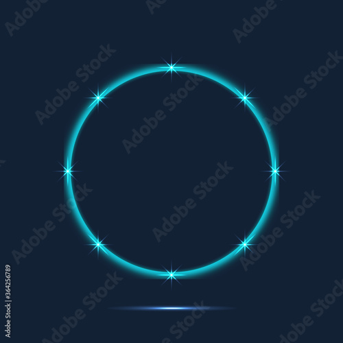 Blue neon round frame with stars. Vector illustration. 
