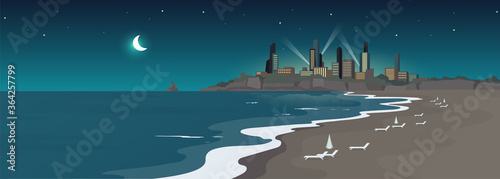 Sandy urban beach at night flat color vector illustration
