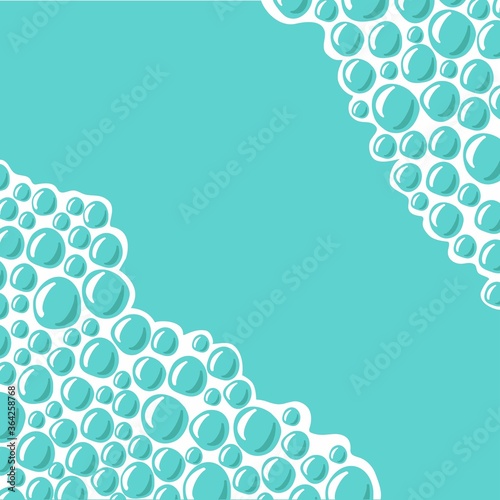 Soapsuds. Cartoon vector illustration. Hand drawn, sketch style. Teal white color bubbles texture. Soap foam on teal water background. Cleaning liquid.