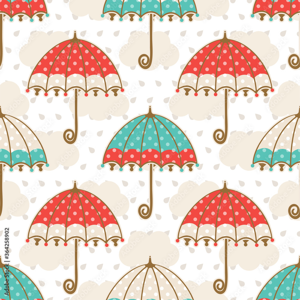 Seamless autumn pattern with retro hand drawn umbrellas. Vector illustration.