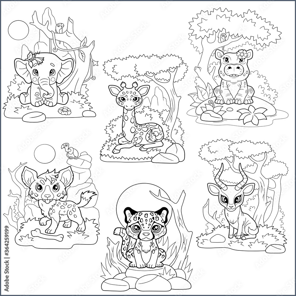 cartoon cute african animals, set of funny illustrations cartoon cute african animals, set of funny illustrations