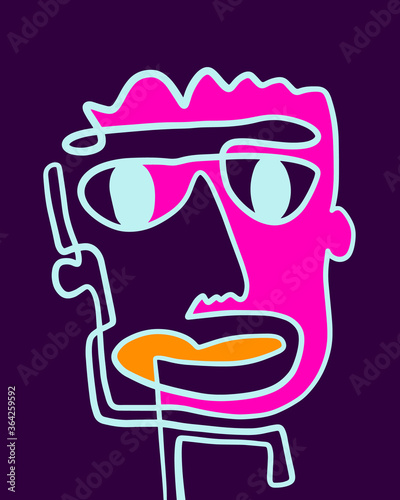 Modern Abstract Face Portrait. Linear Ink Brush Contemporary Continuous Painting. Fashion Style Colorful Abstraction Poster. Vector Illustration Clipart.