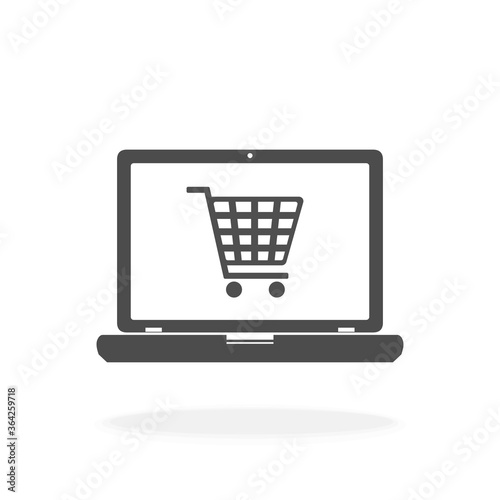 Computer With Shopping Cart for an Online Shopping - Vector Icon Illustration Sign 