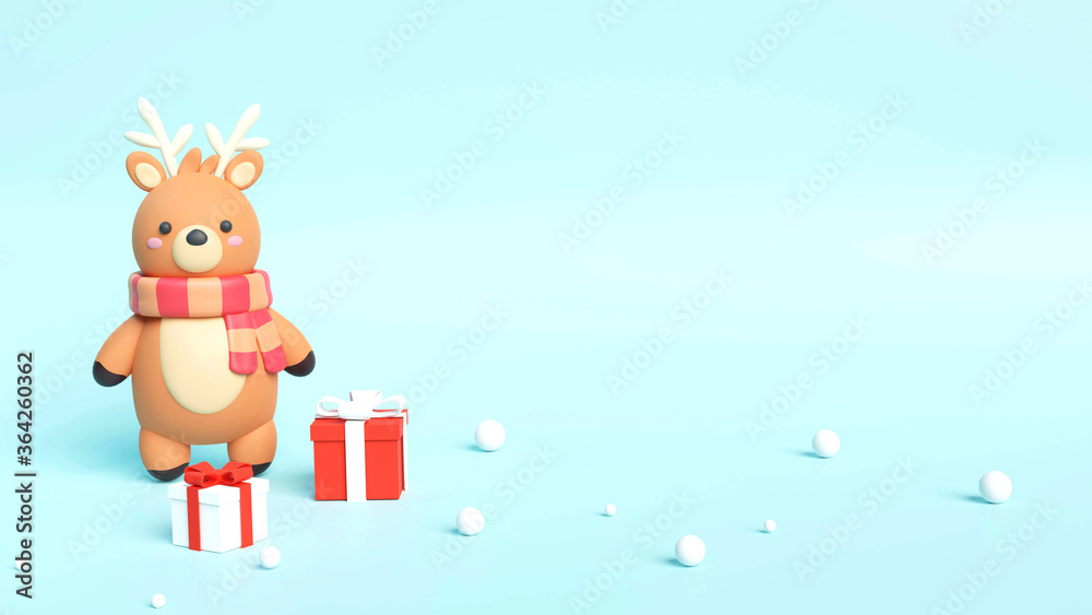 Christmas holiday background scene with cute reindeer and gift boxes, Christmas card 3d rendering.
