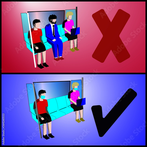 Social distancing inside a public transport illustration,new normal concept
