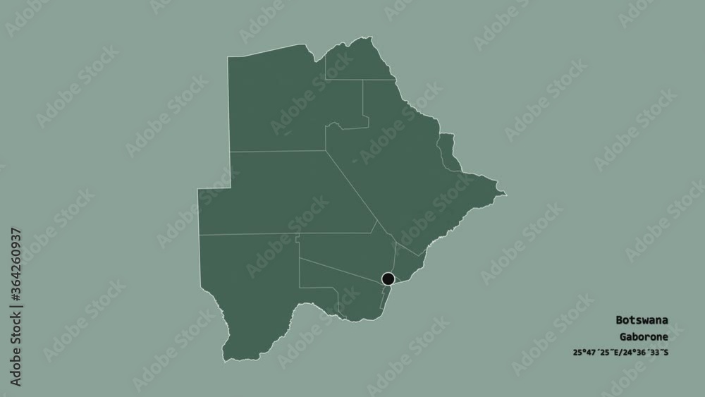 Kgalagadi, district of Botswana, with its capital, localized, outlined and zoomed with informative overlays on a administrative map in the Stereographic projection. Animation 3D Kgalagadi, district of Botswana, with its capital, localized, outlined and zoomed with informative overlays on a administrative map in the Stereographic projection. Animation 3D