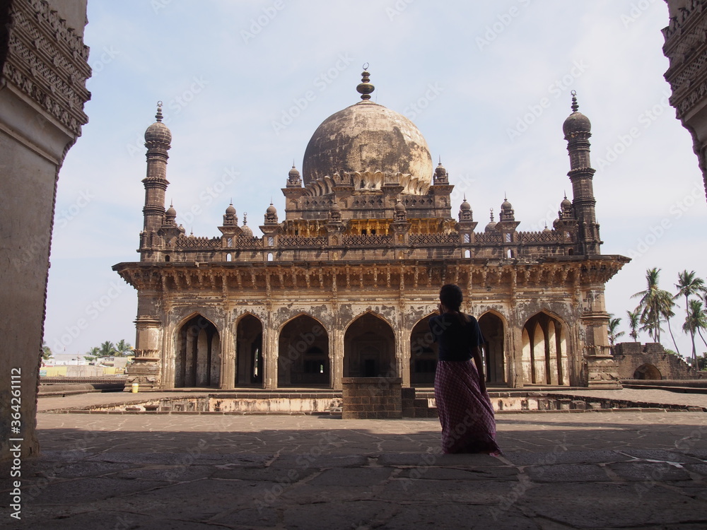 Beautiful building and a woman, Ibrahim Rauz, Bijapur, Karnataka, South India, India
