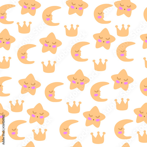 Seamless pattern witn stars, moons and crowns on the white background