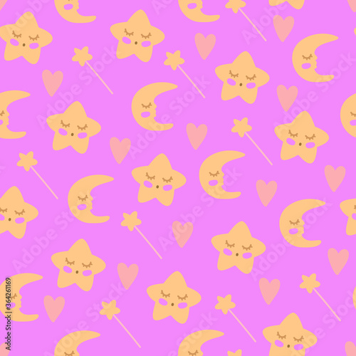 Seamless pattern with stars  moons  hearts and magic wands on the pink background